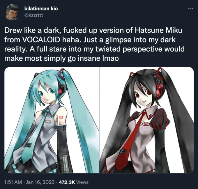 Drew Like A Dark Fucked Up Version Of X Haha Just A Glimpse Into My Dark Reality — Tweet showing Hatsune Miku next to a dark version with black hair and red