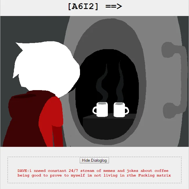 Homestuck Dave Strider panel with a @dril tweet caption about coffee memes and the matrix