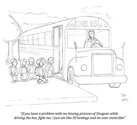 New Yorker style cartoon of a bus driver captioned with a @dril tweet about dragons and hotdogs
