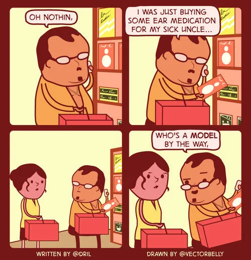 Illustrated four-panel @dril tweet comic about ear medication and asking a woman if she's a model
