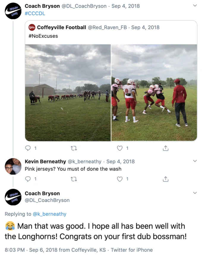Twitter thread screenshot with reply saying 'Congrats on your first dub bossman'