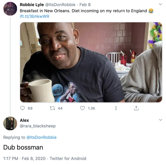 Twitter screenshot of Robbie Lyle breakfast photo with reply 'Dub bossman'