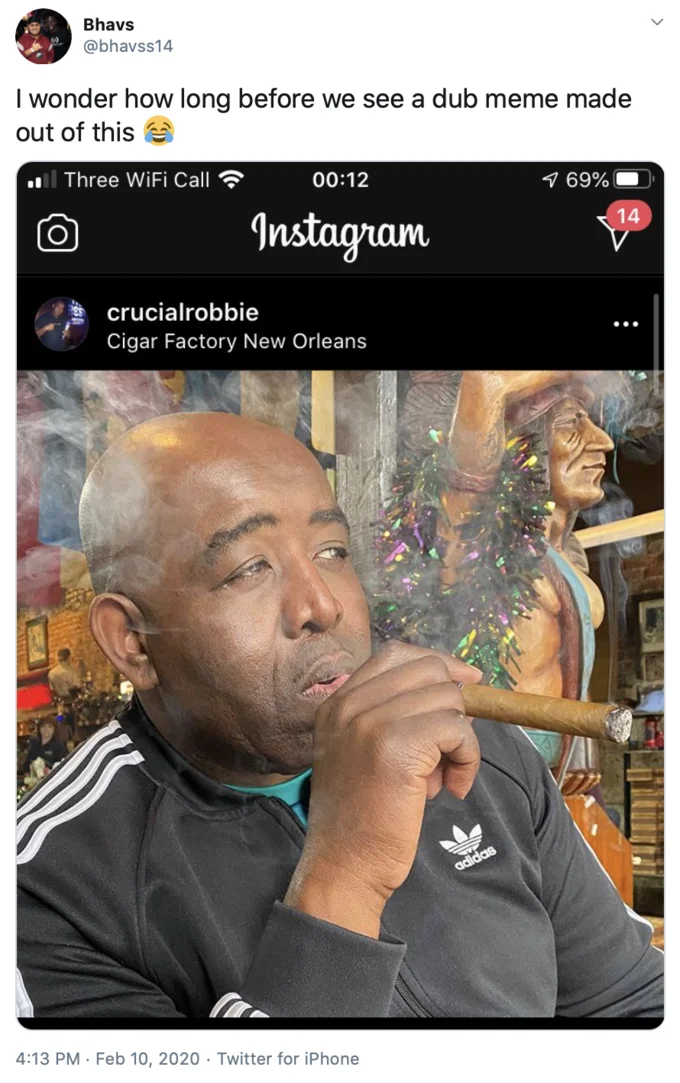 Dub Bossman — Tweet predicting a dub meme from Robbie Lyle Instagram cigar photo