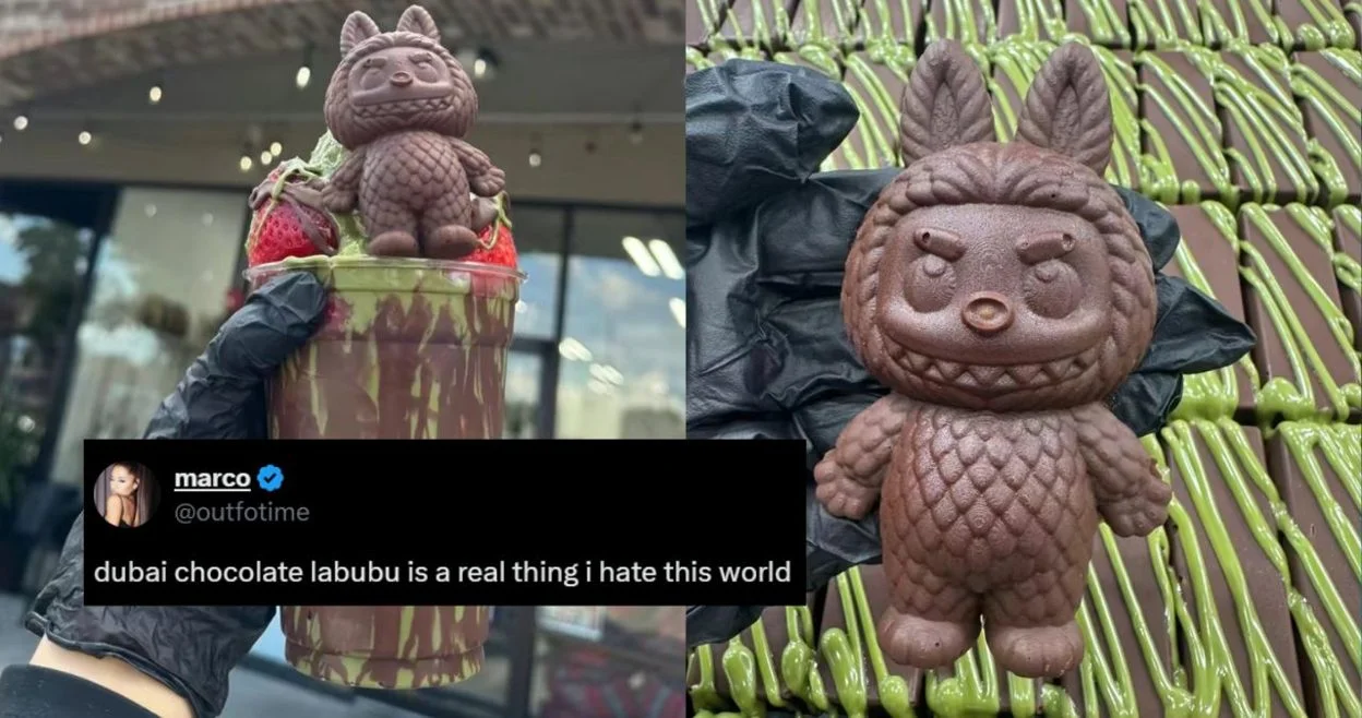 Split-screen with cute labubu figurines and social media post skeptical of Dubai chocolate merchandise.