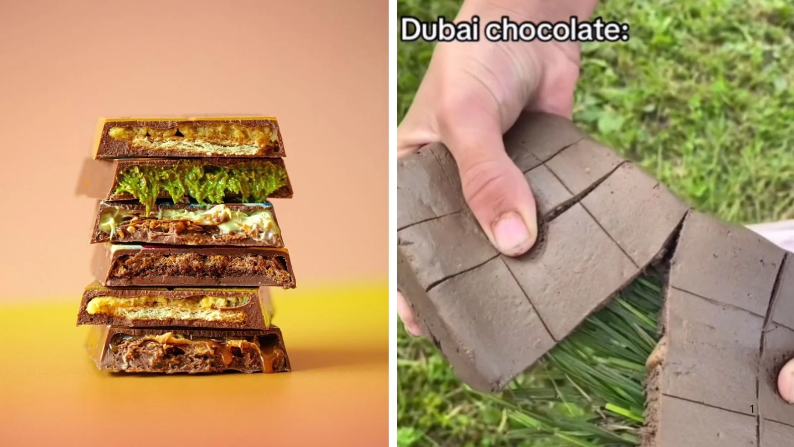 Dubai Chocolate — Split-screen image showing stacked chocolate bars and cross-section of pistachio-filled chocolate.