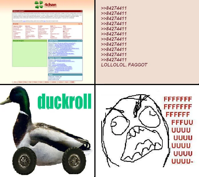 Four-panel 4chan-style collage with duckroll image, ASCII rage faces, and copypasta text.