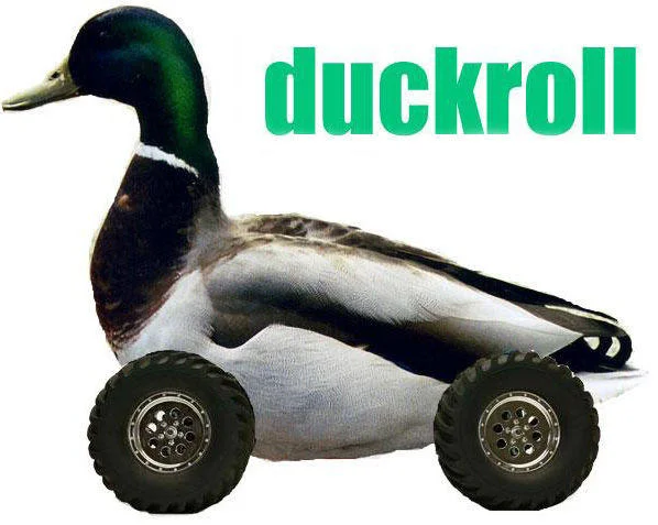 Iconic duckroll image with car wheels labeled 'duckroll' in green text on white background.