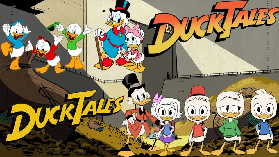 DuckTales characters from original and reboot series with logos over money vault background