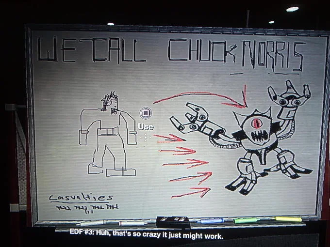 Duke Nukem Forever whiteboard scene reading 'We call Chuck Norris'