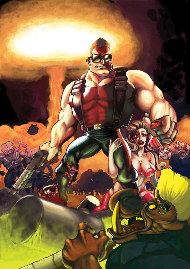 Cartoon illustration of muscular Duke Nukem with chainsaw amid aliens and explosions