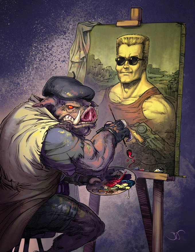 Pig cop painting a portrait of Duke Nukem on an easel