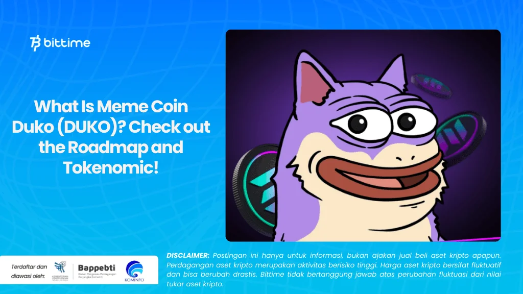 Bittime article screenshot featuring Duko character with purple cat-like design and article text about roadmap.