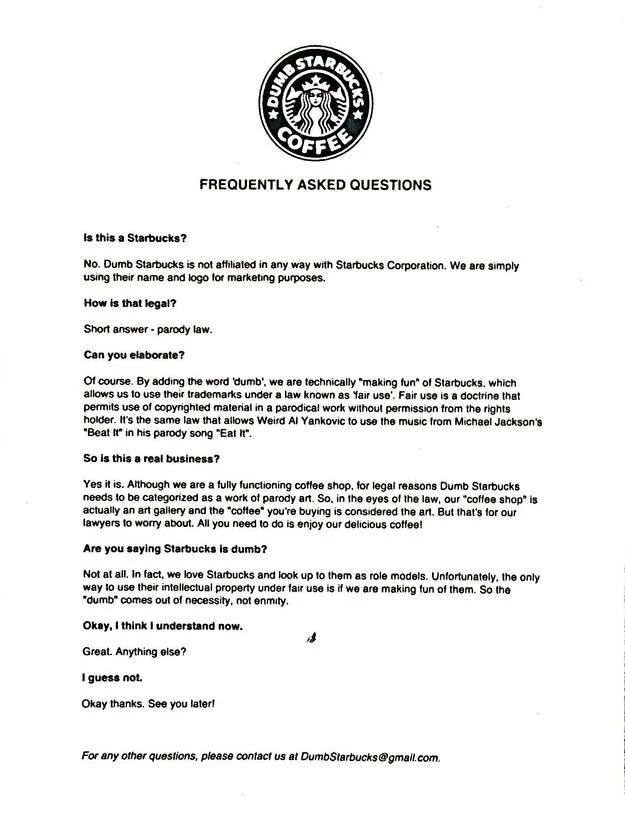 Dumb Starbucks FAQ sheet explaining the parody coffee shop and its use of fair use law