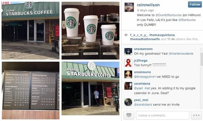 Instagram screenshot from Rainn Wilson featuring Dumb Starbucks storefront, cups, and menu photos