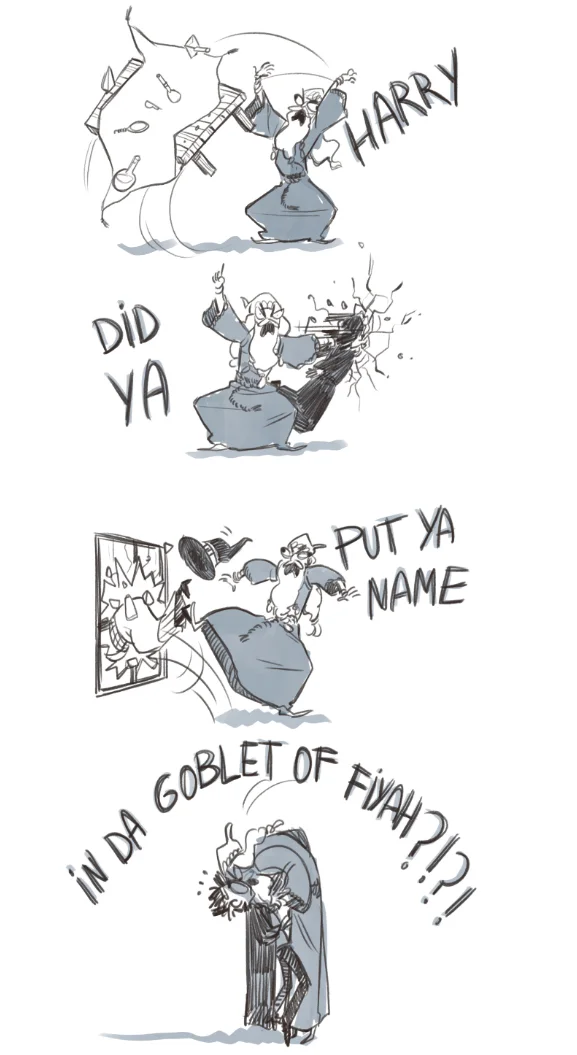 Dumbledore Asked Calmly — Sketch comic of Dumbledore destroying the room while yelling at Harry about the Goblet of Fire