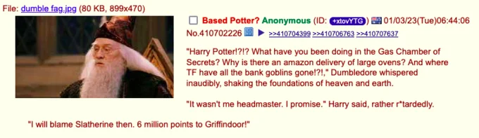 Dumbledore Posting — 4chan post titled 'Based Potter?' with Dumbledore and greentext awarding six million points.