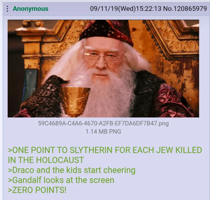 Dumbledore Posting — Mobile 4chan screenshot showing Dumbledore with goblet and greentext parody points allocation.