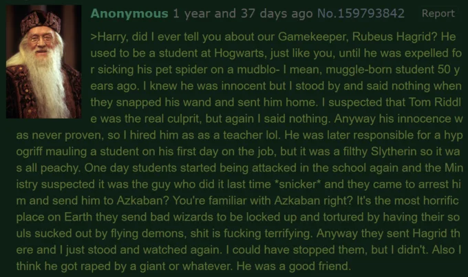 Dumbledore Posting — 4chan post with Dumbledore avatar and greentext satirizing his moral failures and passivity.