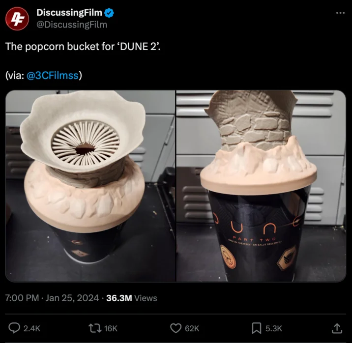 Dune 2 Sandworm Popcorn Bucket — Twitter post from DiscussingFilm showing side-by-side views of beige mouth and black base.