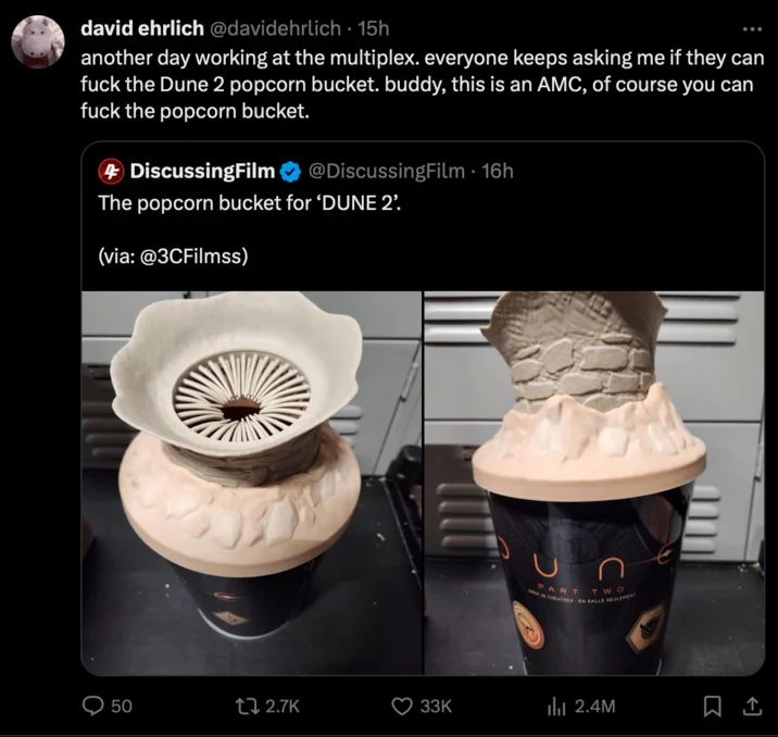 Dune 2 Sandworm Popcorn Bucket — Twitter post from multiplex employee commenting on customer reactions with bucket images.