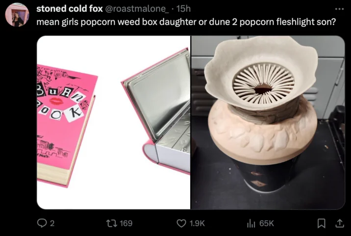 Dune 2 Sandworm Popcorn Bucket — Twitter post comparing Dune 2 bucket to novelty weed container with similar suggestive shapes.