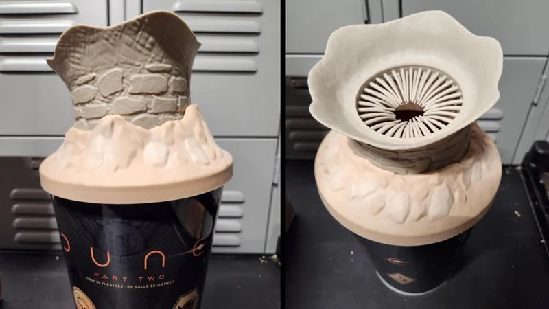 Dune 2 Sandworm Popcorn Bucket — Professional product photograph of Dune 2 Cineplex popcorn bucket from two angles.