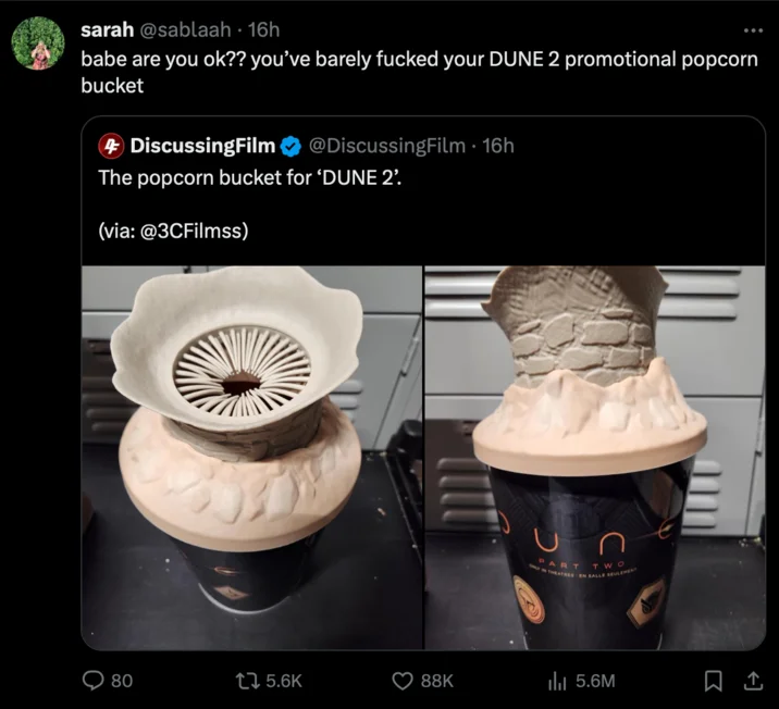 Dune 2 Sandworm Popcorn Bucket — Twitter post making humorous comment about bucket's controversial appearance.