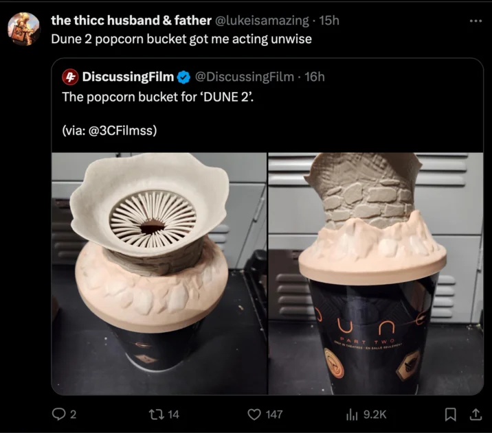 Dune 2 Sandworm Popcorn Bucket — Twitter post referencing the Dune 2 bucket becoming unexpectedly viral.