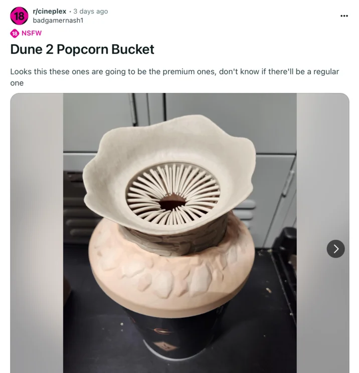 Reddit post featuring official Dune 2 sandworm popcorn bucket with ridged texture and radial mouth design.