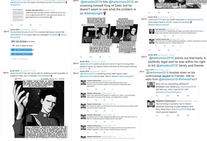 Screenshots of tweets from the @dune2016 parody Twitter account satirizing the 2016 election with Dune characters