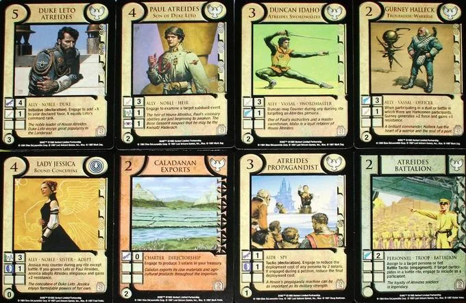 Eight cards from the Dune collectible card game featuring House Atreides characters