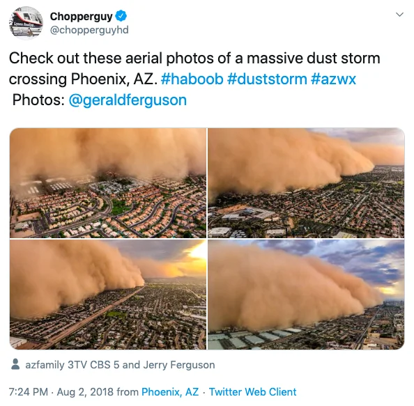 Dust Storm Dog — Four-panel collection of aerial photographs showing different angles of the haboob storm.