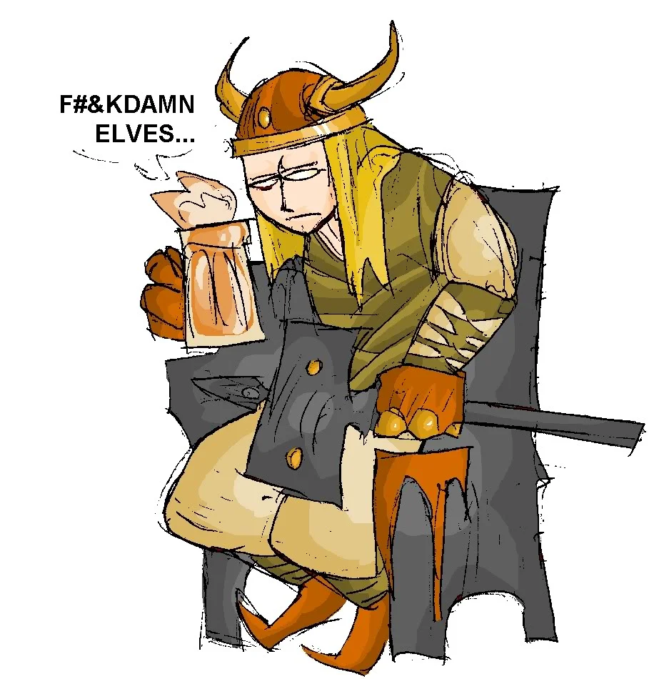 Dwarf Fortress — Cartoon of dwarf miner attacked by giant carp with caption 'Miner cancels drink; interrupted by carp'