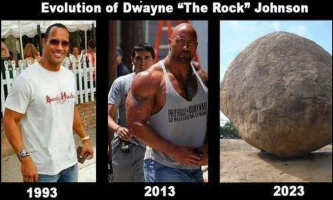 Dwayne The Rock Johnson — Evolution meme showing The Rock in 1993, 2013, and a rock in 2023