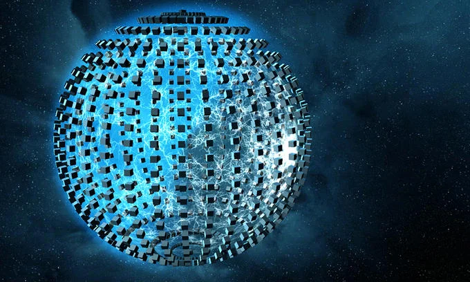 Dyson Sphere — Blue Dyson swarm of square panels arranged around a glowing star