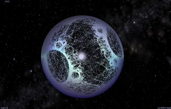 Simulation view of a translucent Dyson sphere shell around a star