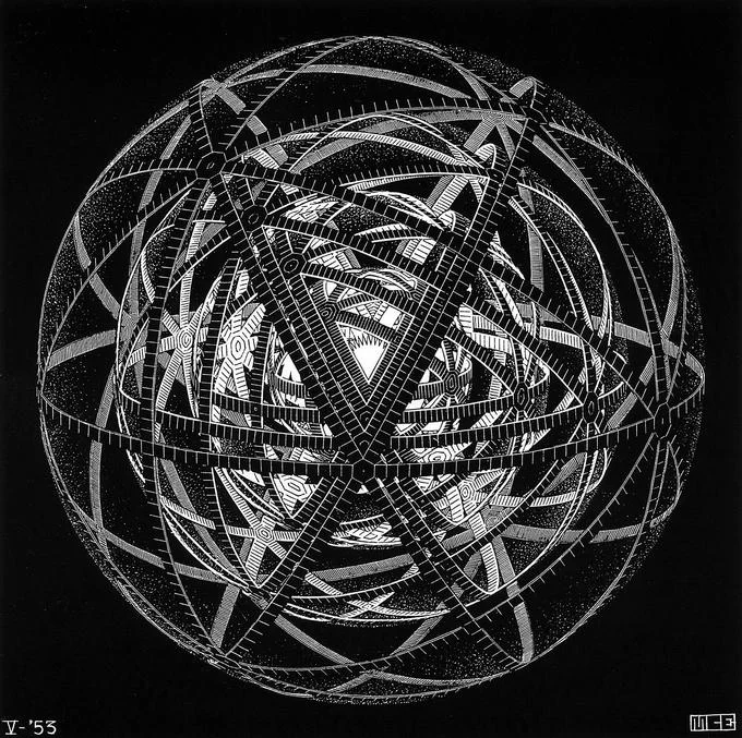 M.C. Escher woodcut of nested spherical lattices resembling a Dyson sphere