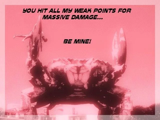 E3 Sony 2006 Giant Enemy Crab — Pink-tinted Valentine card version of giant crab statue with romantic massive damage text