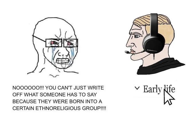 "Early Life" Wikipedia Section — Soyjak vs Nordic Chad meme contrasting outrage with clicking Wikipedia Early life section
