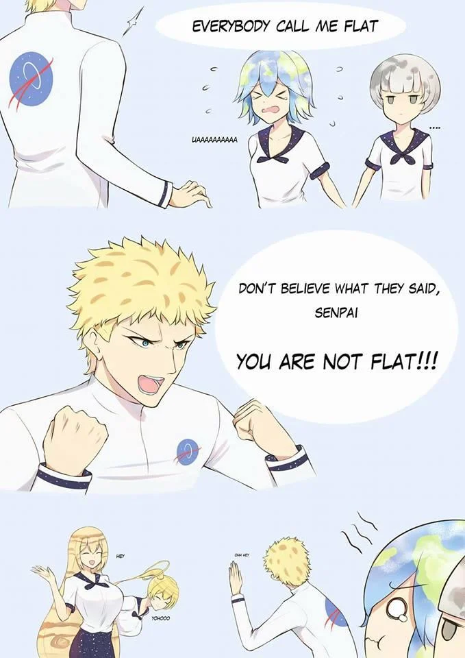 Earth Chan — Earth-chan comic with Sun-senpai reassuring her that she is not flat, alongside other planet anime girls