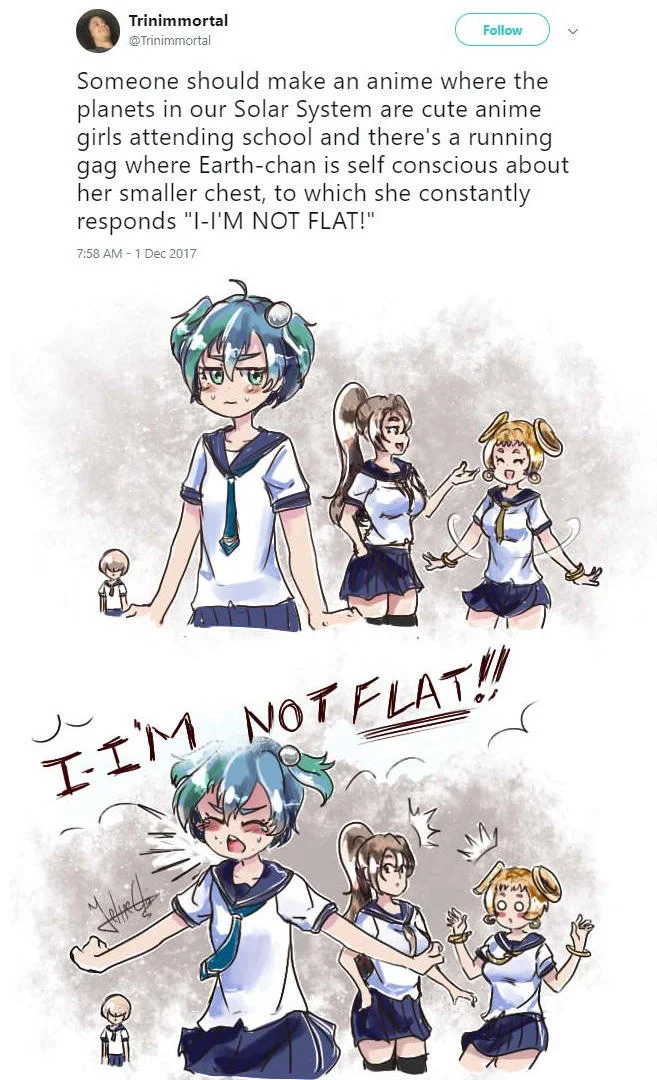 Earth Chan — Tweet by Trinimmortal proposing anime with planet girls, showing Earth-chan yelling 'I'm not flat' comic