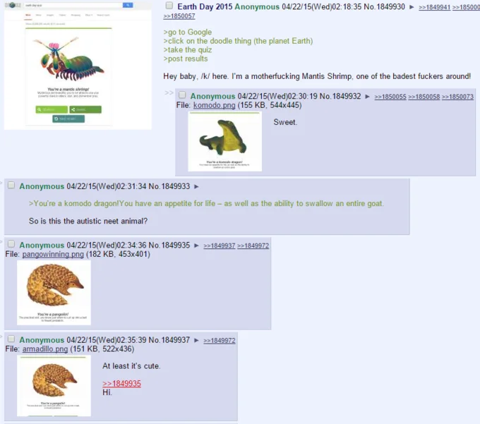 4chan thread sharing Google Earth Day animal quiz results