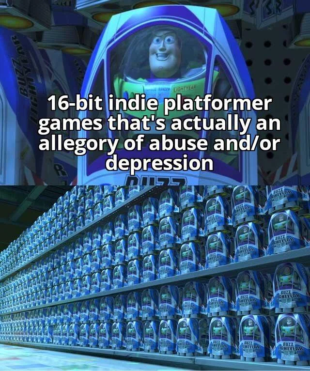 EarthBound-Inspired Indie Game About Depression — Buzz Lightyear aisle meme labeled '16-bit indie platformer games that's actually an allegory of abuse and/or