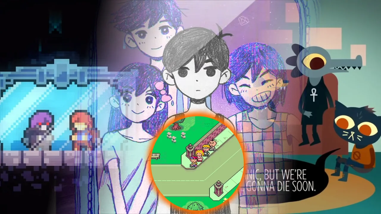 EarthBound-Inspired Indie Game About Depression — Collage of indie game characters from Omori, Night in the Woods, Celeste and Earthbound with text reading