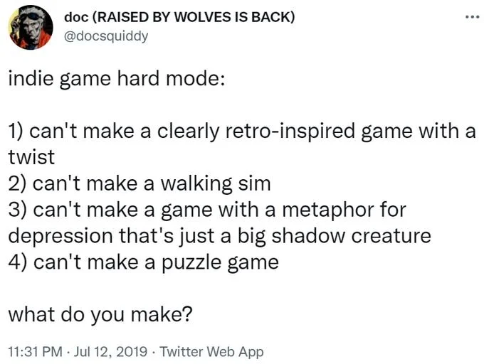 EarthBound-Inspired Indie Game About Depression — Tweet by doc listing indie game hard-mode restrictions including no depression metaphor with a big shadow