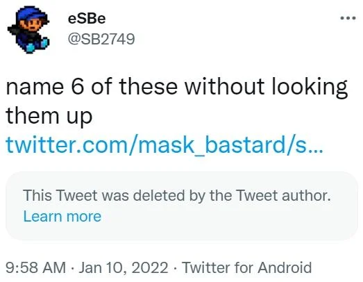 EarthBound-Inspired Indie Game About Depression — Tweet by eSBe quote-tweeting a deleted post with 'name 6 of these without looking them up'
