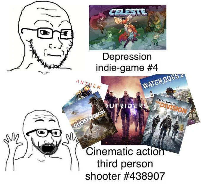 EarthBound-Inspired Indie Game About Depression — Two Wojak meme contrasting calm acceptance of a depression indie-game with outrage at yet another AAA