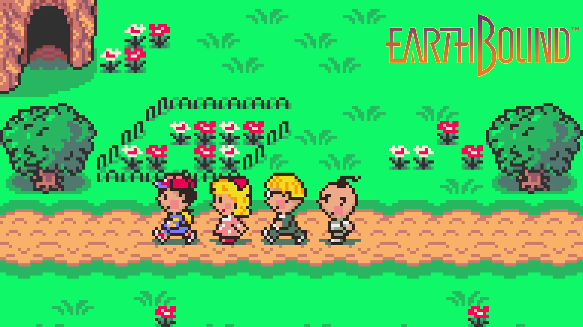 Earthbound Mother — EarthBound party of Ness, Paula, Jeff and Poo walking with the EarthBound logo