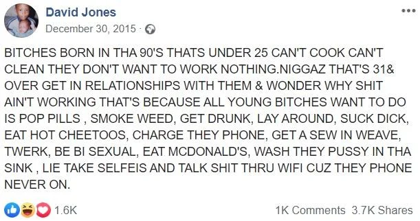 Eat Hot Chip And Lie — Screenshot of original December 2015 Facebook post by David Jones with rant about women born in 90s.