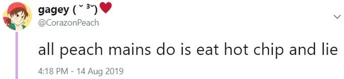 Eat Hot Chip And Lie — Screenshot of August 2019 tweet applying phrase to Peach players in Super Smash Bros.